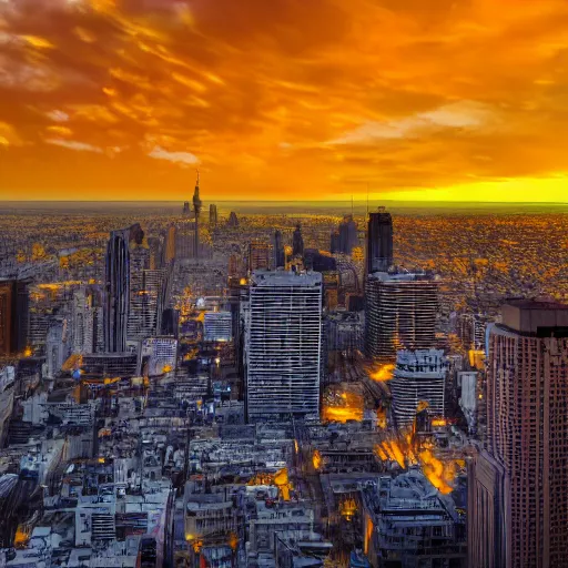 Image similar to a city in flames, yellow sky, 8k resolution