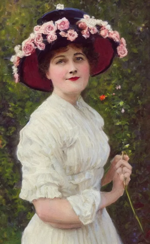 Image similar to portrait! of a lovely lady! wearing a big hat! edwardian haircut! 1 9 0 0 s! edwardian dress! flowers behind her!