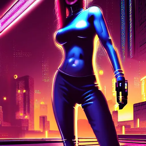 Prompt: 1979 OMNI Magazine Cover a portrait of a cyberpunk model, Night City, cyberpunk 2077, street level neo-Tokyo in cyberpunk 2020 style by Vincent Di Fate by mark arian by artgerm, 4k, 8k, HD, trending on artstation