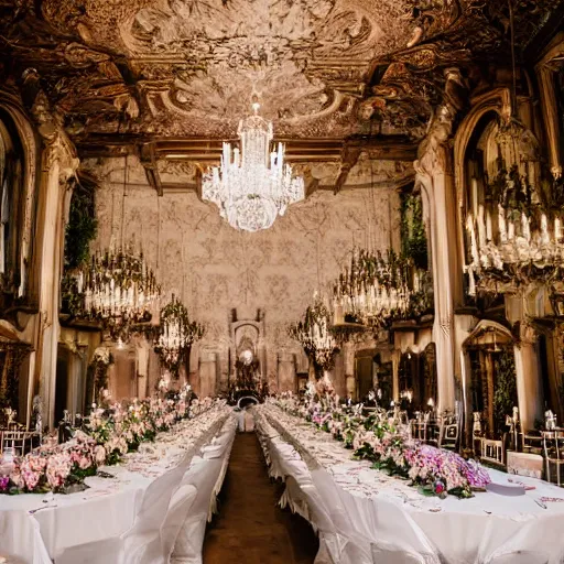 Prompt: A photograph of inside a castle of a royal wedding floral covered venue inspired by a enchanted ethereal forest.