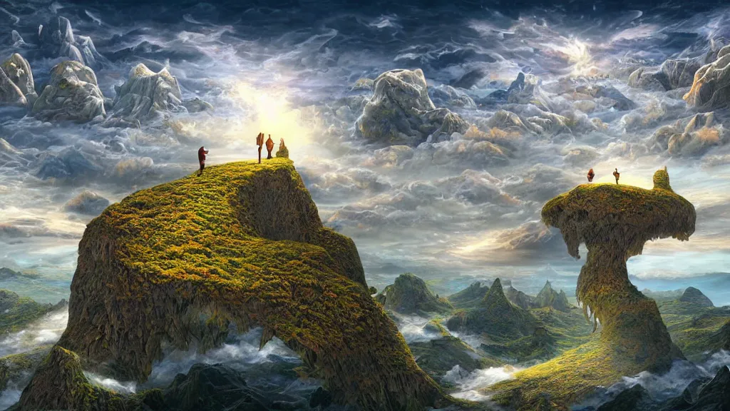 Image similar to fantasy landscape with anthropomorphic terrain in the styles of igor morski, jim warren, and rob gonsalves, intricate, hyperrealistic, volumetric lighting, distinct horizon