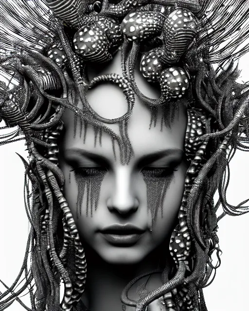 Image similar to surreal mythical dreamy artistic black and white fine art photo of a beautiful young female queen - medusa - cyborg covered with metal fish scales and translucent algae, highly detailed, intricate crystal ivy jelly fish scales ornate, poetic, octane render, 8 k, photo - realistic