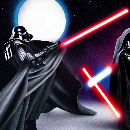 Prompt: Linus Torvalde fighting Darth Vader with a gun