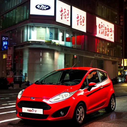 Image similar to red ford fiesta mk 5 zetec in shibuya tokyo, award winning photograph, night time