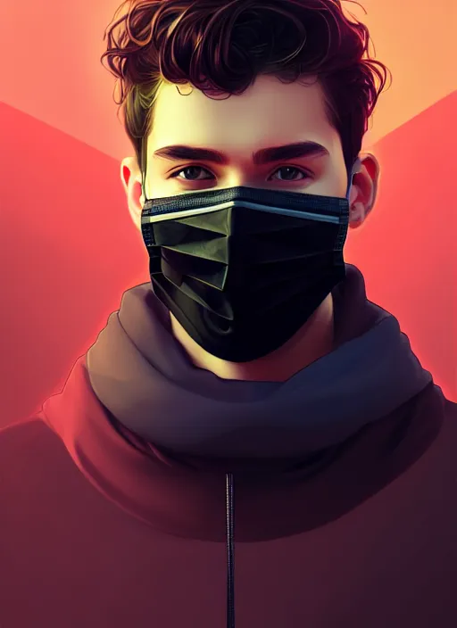 Image similar to handsome young man with black medical mask, half body shot, path traced, highly detailed, high quality, digital painting, alena aenami, lilia alvarado, shinji aramaki, karol bak, alphonse mucha, tom bagshaw