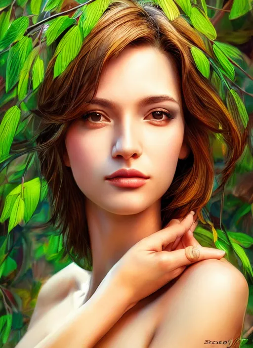 Image similar to photo of a gorgeous female in the style of stefan kostic, realistic, half body shot, sharp focus, 8 k high definition, insanely detailed, intricate, elegant, art by stanley lau and artgerm, extreme bokeh foliage