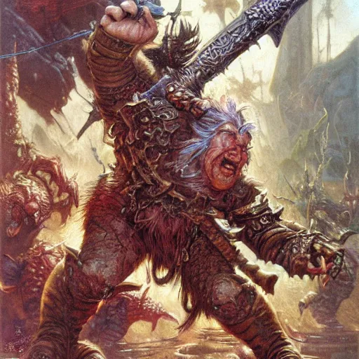 Image similar to art by donato giancola and bayard wu and gustav moreau and wayne barlowe, a fantasy cinematic close up shot of a dwarf berserker, fighting a horde of rats, warhammer, dnd, fighting monsters,