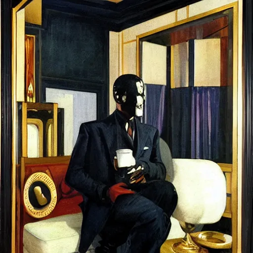 Prompt: man in futurist room with coffee and black suit by leyendecker and dean cornwell, 8 feet from the camera, 6 0 ´ s futurist furniture