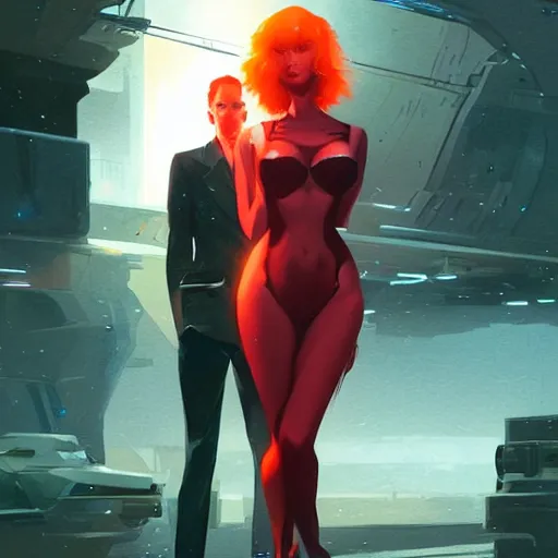 Image similar to a neo noir film still of futuristic christina hendricks, by greg rutkowski, artgerm, ross tran, conrad roset, takato yomamoto, ilya kuvshinov. 4 k, beautiful, cinematic dramatic atmosphere