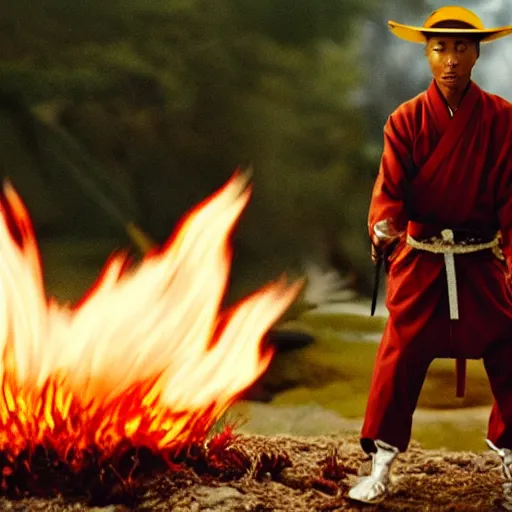 Image similar to cinematic film still Pharrell Williams starring as a Samurai holding fire, Japanese CGI, VFX, 2003, 40mm lens, shallow depth of field,film photography