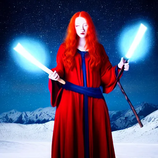 Image similar to red headed woman dressed in dark blue wizard robes holding a wooden staff covered in glowing red runes topped with a glowing gem. background of snowy mountains. fantasy painting.