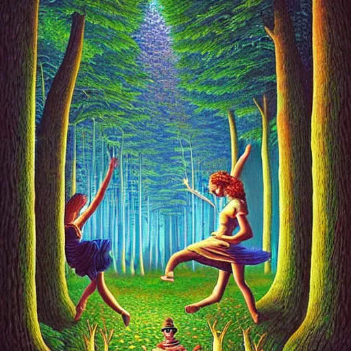 Prompt: dancers in the trippy forest by rob gonsalves