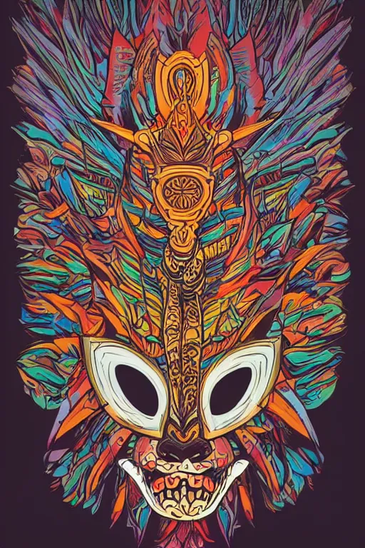 Image similar to animal mask totem roots flower tribal feather gemstone plant wood rock shaman vodoo video game vector cutout illustration vivid multicolor borderlands comics by josan gonzales and dan mumford radiating a glowing aura