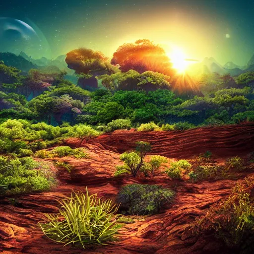 Image similar to a beautiful alien planet with luscious vegetation and impossible animals. landscape photography. sunset. high quality. very detailed.