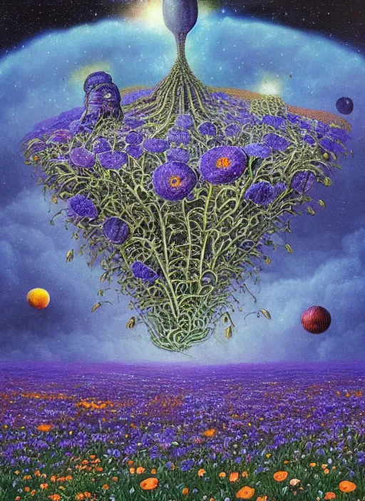 Image similar to detailed, intricate blue black and purple papaverum flower on the field, nebula, galaxy in the sky, winning award masterpiece, fantastically beautiful, illustration, aestheticly inspired, jacek yerka, upscale with anguissola sofonisba work, artstation, 8 k