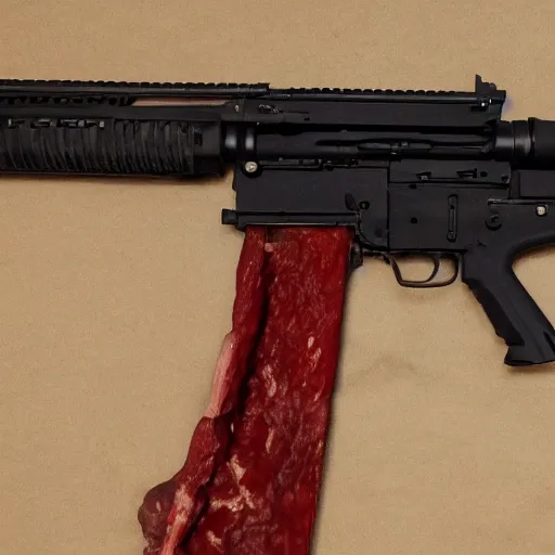 Image similar to a rifle made of red raw flesh and bone, visceral