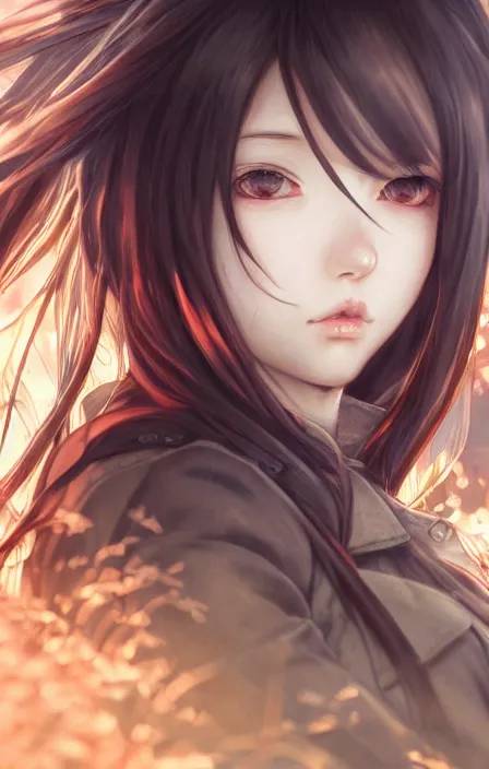 Image similar to infantry girl, anime style, long hair, hair down, symmetrical facial features, shot wounds, phone wallpaper, from girls frontline, hyper realistic, pale skin, rule of thirds, extreme detail, detailed drawing, trending artstation, hd, war action, trading card, by alphonse mucha, greg rutkowski, backlit