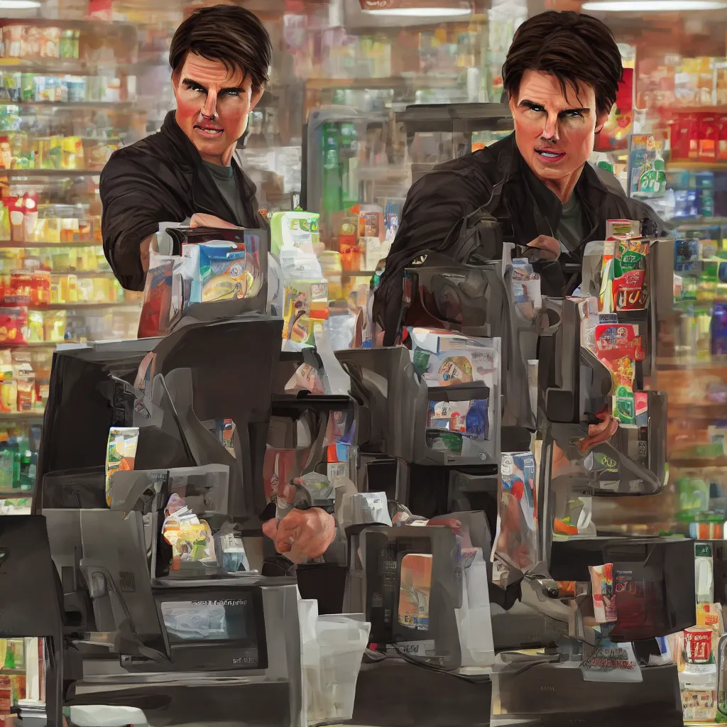 Prompt: Tom Cruise working as a 7/11 cashier, artstation, accurate, 8k, HD