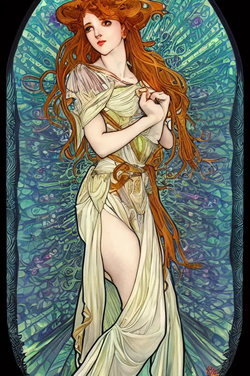 Image similar to Female angelic Fae in the style of Ayami Kojima and Alphonse Mucha