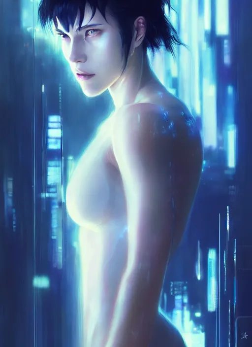 Prompt: portrait of ghost in the shell alicia vikander, intricate, elegant, glowing lights, highly detailed, digital painting, artstation, glamor pose, concept art, smooth, sharp focus, illustration, art by wlop and greg rutkowski