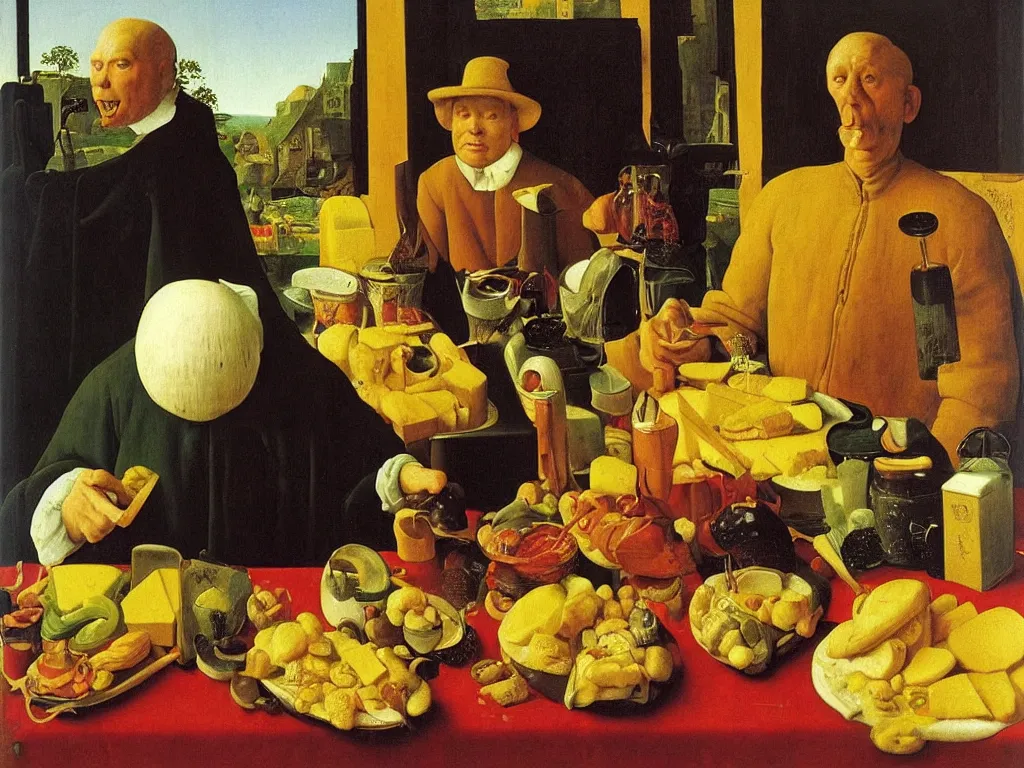 Prompt: Portrait of a hungry man in the land of honey, milk, butter, bread, cheese. Painting by Jan van Eyck, Georges de la Tour, Rene Magritte, Jean Delville, Max Ernst, Maria Sybilla Merian