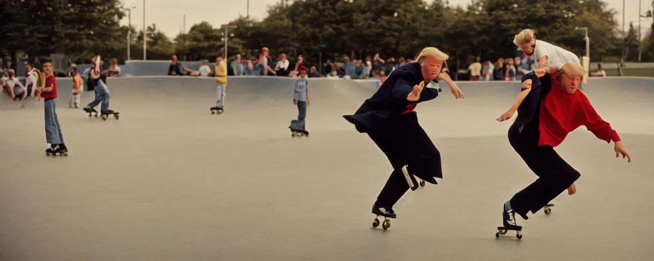 Prompt: donald trump skating at a public skate park, national geographic, canon 5 0 mm, cinematic lighting, photography, retro, film, kodachrome