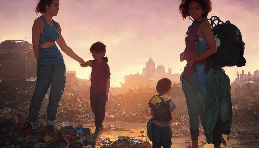 Image similar to mom with child wearingbackpack exploring the garbage dump, city is pure wasteland, sunset in background, detailed characters, alphonse mucha, greg rutkowski, trending on artstation, artgerm, breathtaking, sharp focus, smooth, mark arian, award winning, highly detailed 4 k art