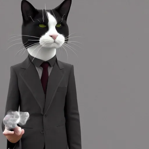 Image similar to a high quality photo of a cat wearing a suit and smoking, render, ultra realistic, cgsociety