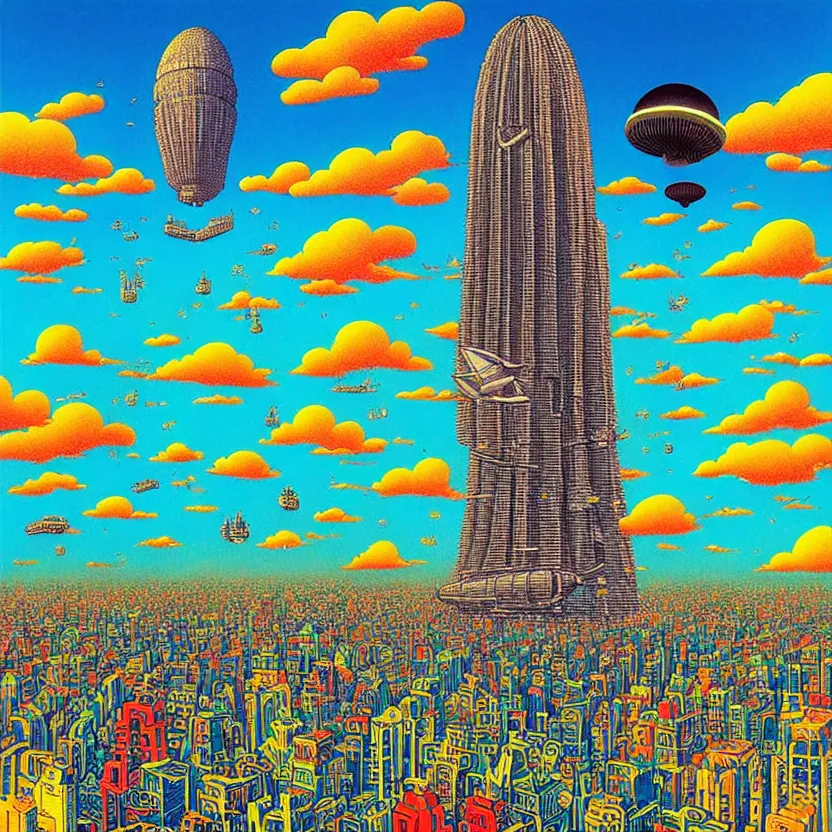 Image similar to surreal glimpse into other universe, mahanakorn tower with airship floating n the sky, summer morning, very coherent and colorful high contrast, art by!!!! rafal olbinski!!!!, geof darrow, floralpunk screen printing woodblock, dark shadows, hard lighting, stipple brush technique,