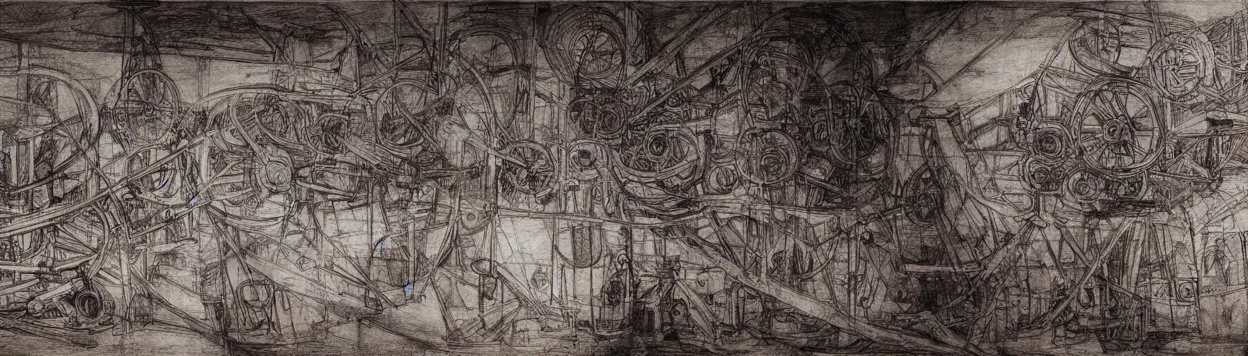 Image similar to a leonardo davinci sketch of an infinite creativity machine, mural, panorama, extremely detailed