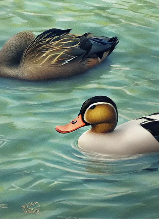Image similar to duck predictor swimming in lake like stock market and reading newspaper, fantasy digital art by krenz cushart
