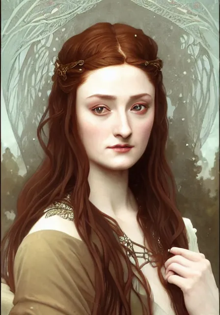 Image similar to portrait of sansa stark with long hair, intricate, elegant, highly detailed, digital painting, artstation, concept art, smooth, sharp focus, illustration, art by artgerm and greg rutkowski and alphonse mucha and william - adolphe bouguereau