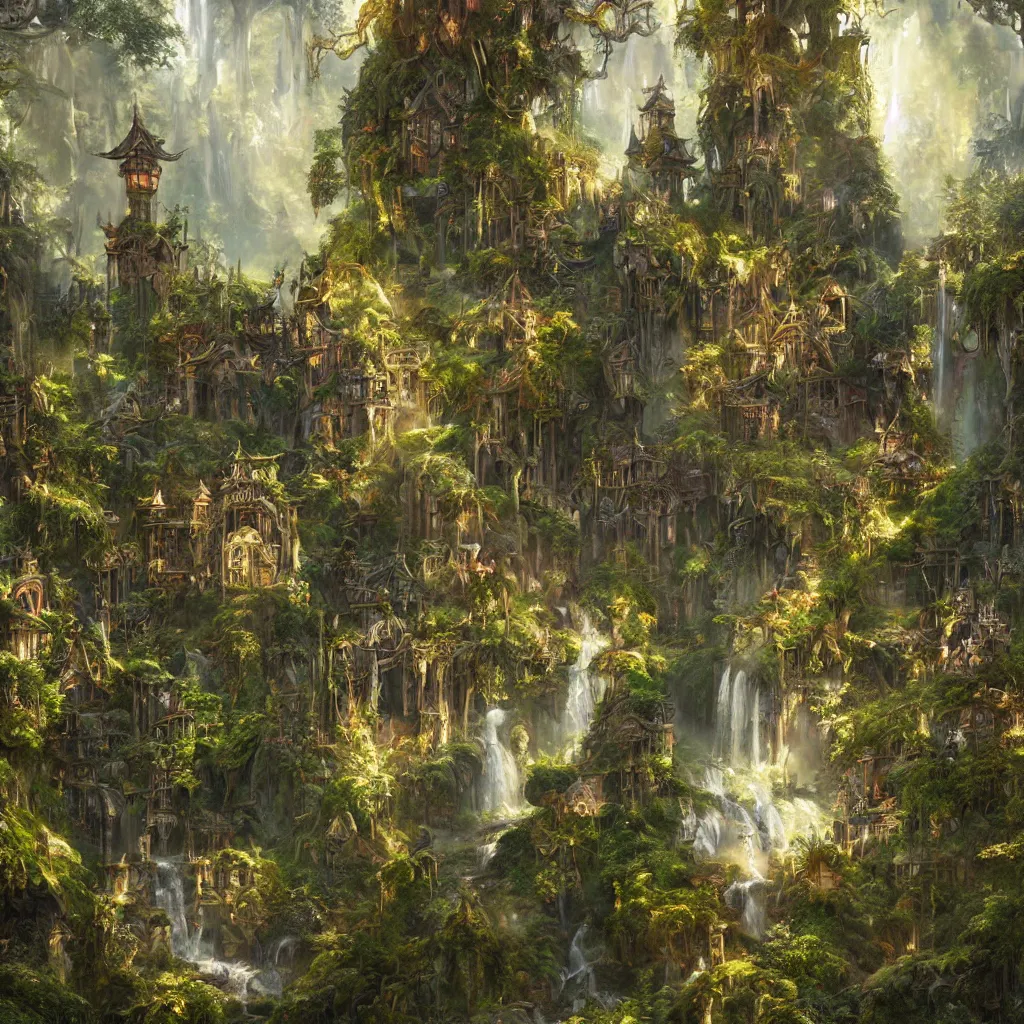 Image similar to fox in a fairy palace, castle towers, sunbeams, gothic towers, Japanese shrine waterfall, gold and gems, gnarly details, lush vegetation, forest landscape, painted by tom bagshaw, raphael lacoste, eddie mendoza, alex ross concept art matte painting