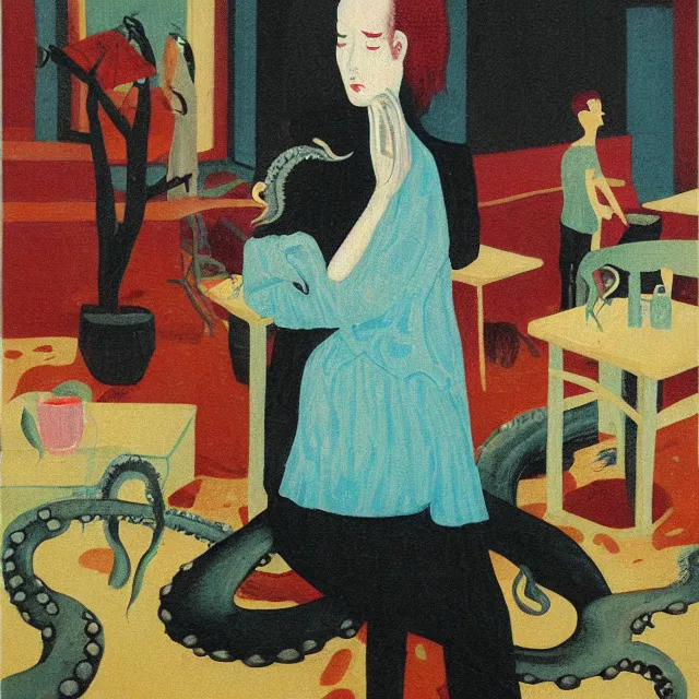 Image similar to tall female emo artist holding an octopus in a flooded cafe, bagels, pigs, water gushing from ceiling, painting of flood waters inside a cafe, a river flooding indoors, pomegranates, pigs, ikebana, water, octopus, river, rapids, waterfall, black swans, zen, canoe, berries, acrylic on canvas, surrealist, by magritte and monet