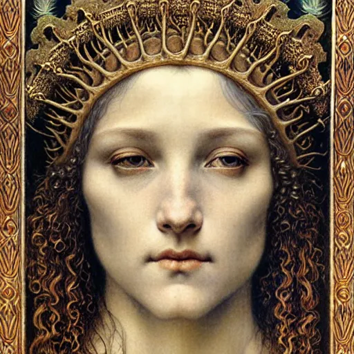 Image similar to detailed realistic beautiful young medieval queen face portrait by jean delville, gustave dore, ernst haeckel and marco mazzoni, art nouveau, symbolist, visionary, gothic, pre - raphaelite. horizontal symmetry