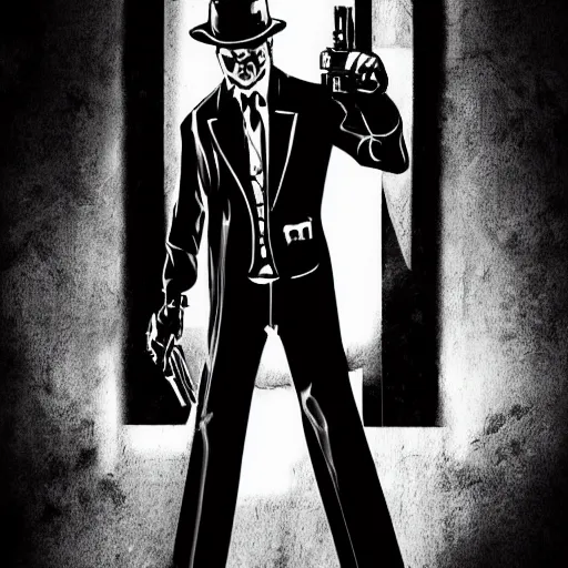 Prompt: comic book character of a man in black suit and black hat, he has a pistol, dark noir style, 4 k, highly detailed, digital art, strong shadows, high contrast, epic scene, atmospheric, cold colours