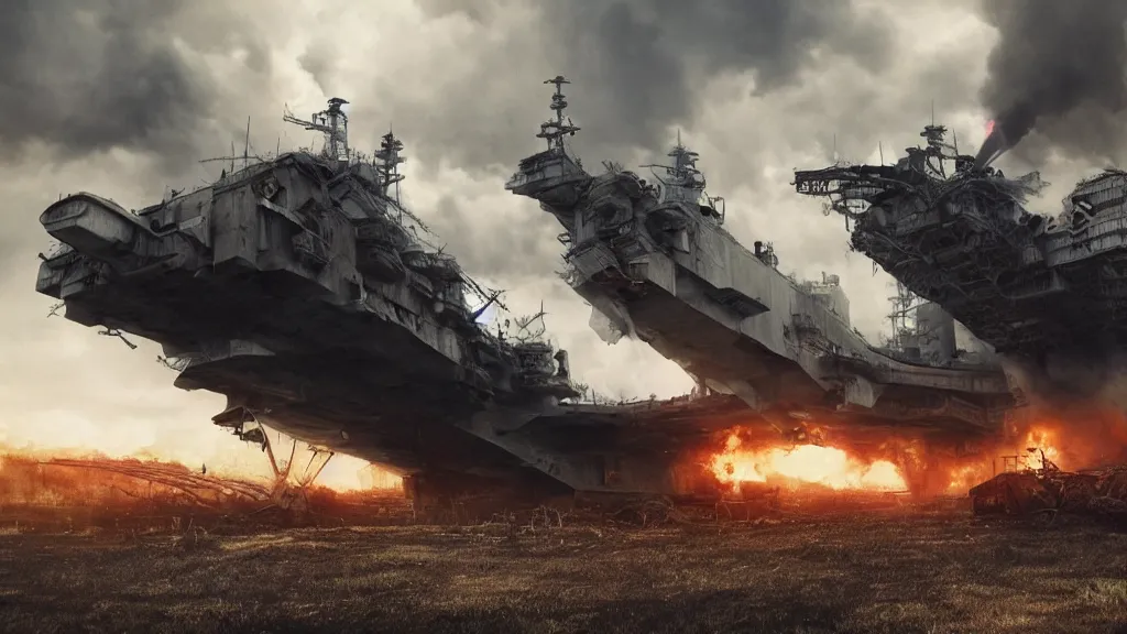 Image similar to an immense steampunk aircraft carrier crashed and burning in a field, thick black smoke billowing, turbulent storm clouds, dystopian, sharp focus, octane render, imax