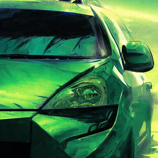 Image similar to blue knight in a green hatchback car, close up, anime, desert landscape, greg manchess, akehiko inoue and ross tran, Pyromallis Nekro Rene Margitte