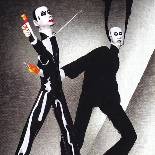 Prompt: a high quality product photo ad of klaus nomi with a technical reed rollerball pen exacto knife by junji ito, uni - ball ethereal eel