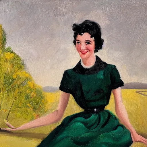 Prompt: a portrait of a young woman from the fifties, seated in front of a landscape background, her black hair is a long curly, she wears a dark green dress, pleated in the front with yellow sleeves, puts her right hand on her left hand, and smiles slightly, oil painting