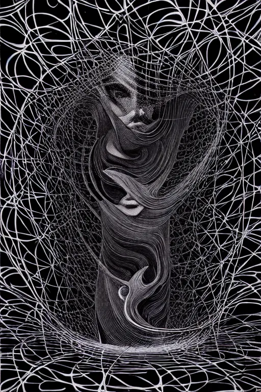 Prompt: Freeform ferrofluids, beautiful dark chaos, swirling black frequency by James Jean