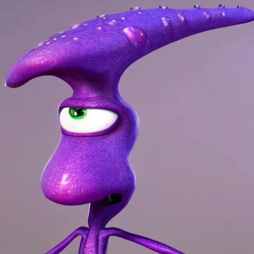 Image similar to full body portrait of cute purple alien crustacian creature with long nose and many eyes and many legs concept character art photo realistic detailed pixar 3d render