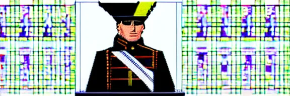 Prompt: napoleon bonapart wearing a hat and ceremonial uniform in a haughty pose, head pointing up diagonally, gta san andreas style, author marry white, pixel art, colors accent, symmetric, game screenshot