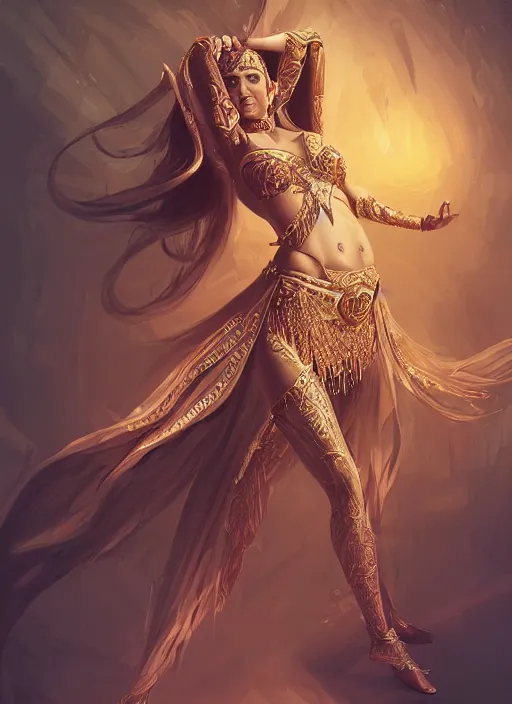 Prompt: a highly detailed illustration of an elegant elf arabian dancer, gracefully belly dancing pose, waving arms, intricate, elegant, highly detailed, centered, digital painting, artstation, concept art, smooth, sharp focus, league of legends concept art, WLOP