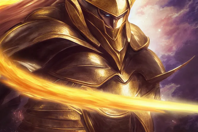 Image similar to an ultra detailed portrait of saladin as a shonen anime protagonist charging into battle wearing bright gold armor and huge flaming longsword blessed by god, epic anime fantasy, 8 k, volumetric lighting, smooth, highly detailed, digital illustration, art by kentaro miura and akira toriyama and albert bierstadt and greg rutkowsi, artstation