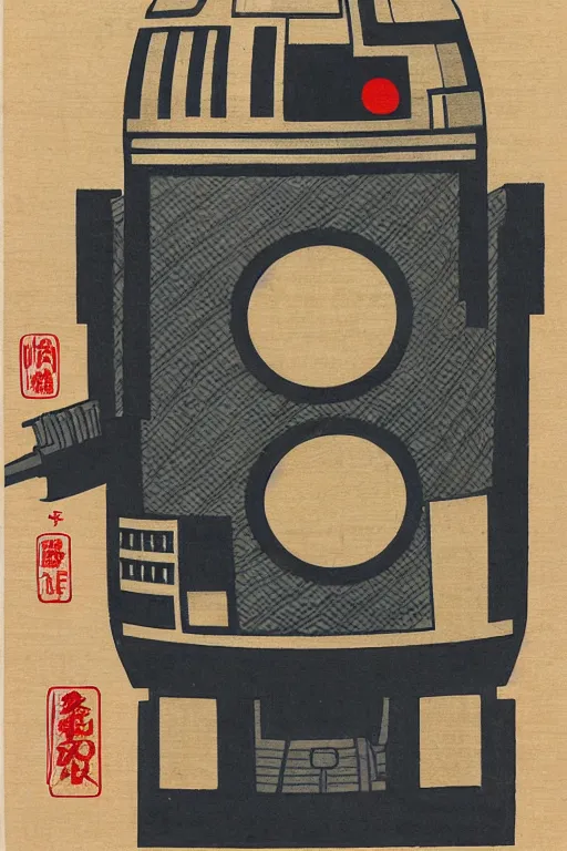 Prompt: Japanese woodblock print of r2d2 , Ukiyo-e