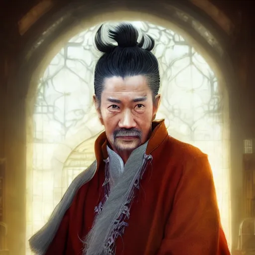 Image similar to portrait painting of a 6 0 year old kind handsome taoist priest, silver ponytail hair, amiable by yangjun chen, huang guangjian, fenghua zhong, wenjun lin, nadar, bright colors, octopath traveler, unreal engine 5 highly rendered, global illumination, radiant light, detailed and intricate environment