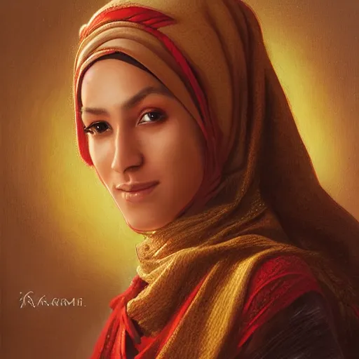 Prompt: portrait of an omani woman ( 3 5 ) from oman in 2 0 2 1, an oil painting by ross tran and thomas kincade