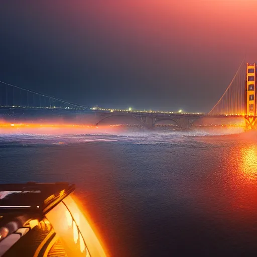 Prompt: a space ship emerging from beneath the San Francisco Bay, Golden Gate Bridge in background, epic VFX shot, water splashing, cinematic lighting, golden hour