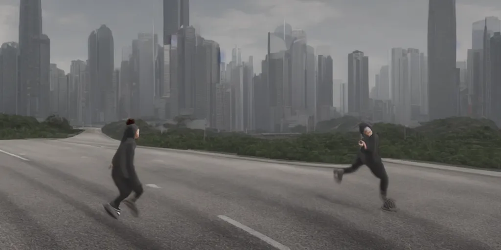 Prompt: a young girl in a sweatshirt running away from a faceless man in a tuxedo in the middle of an empty highway in hong kong with an abandoned hong kong in the background, very detailed 8 k, dystopian fantasy style, unreal engine render, global illumination, ray tracing, rtx, path tracing, enhanced